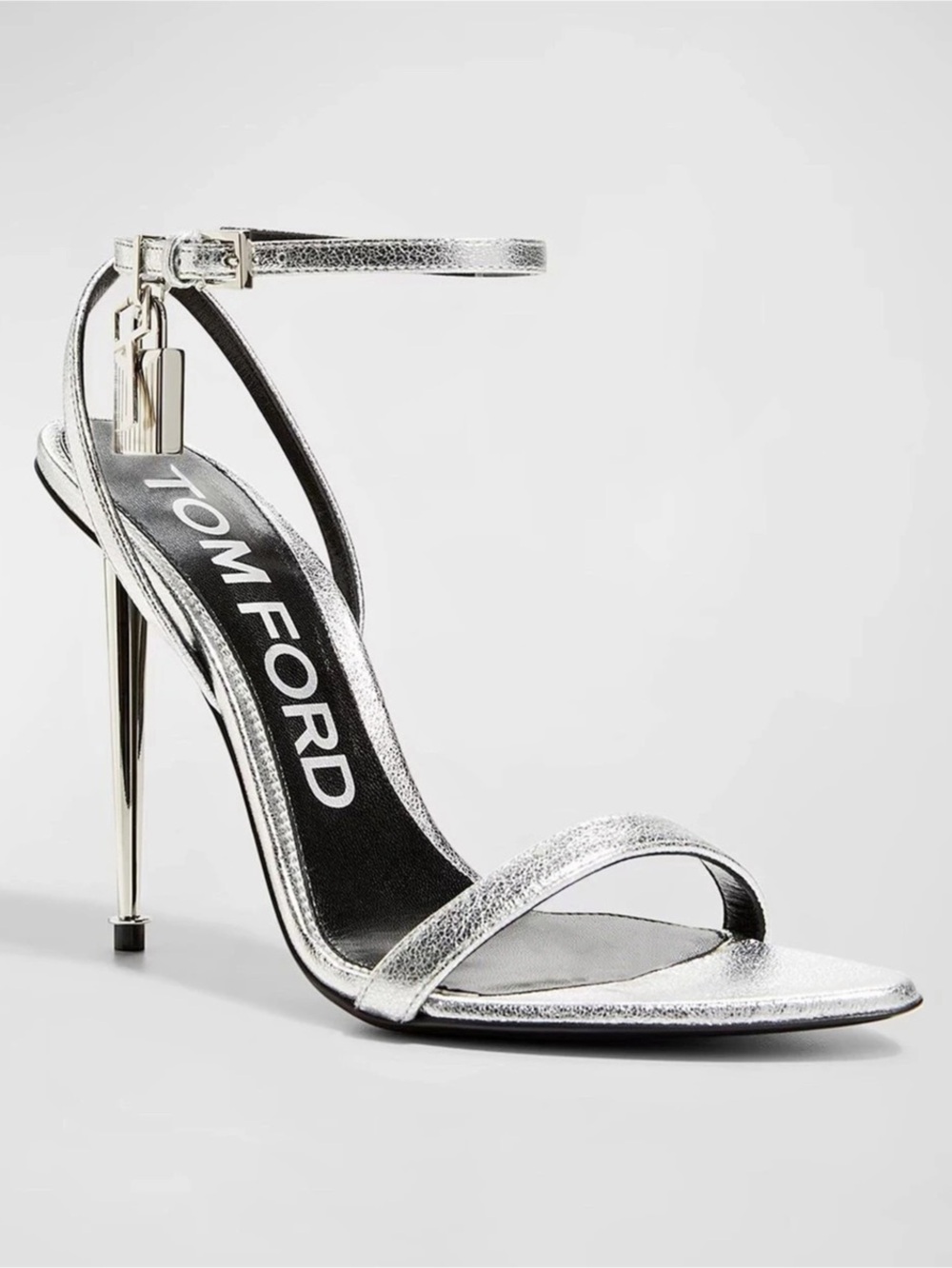 Tom Ford Padlock Pointy Naked Metallic Leather Sandal Silver